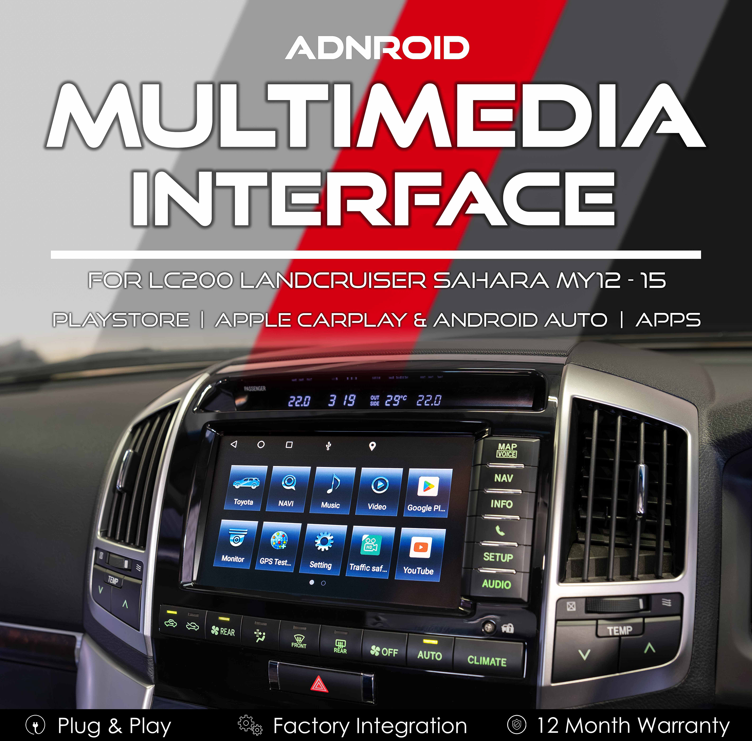 Android Multimedia Interface with Apple CarPlay & Android Auto for Toyota LC200 Landcruiser Sahara 12-15