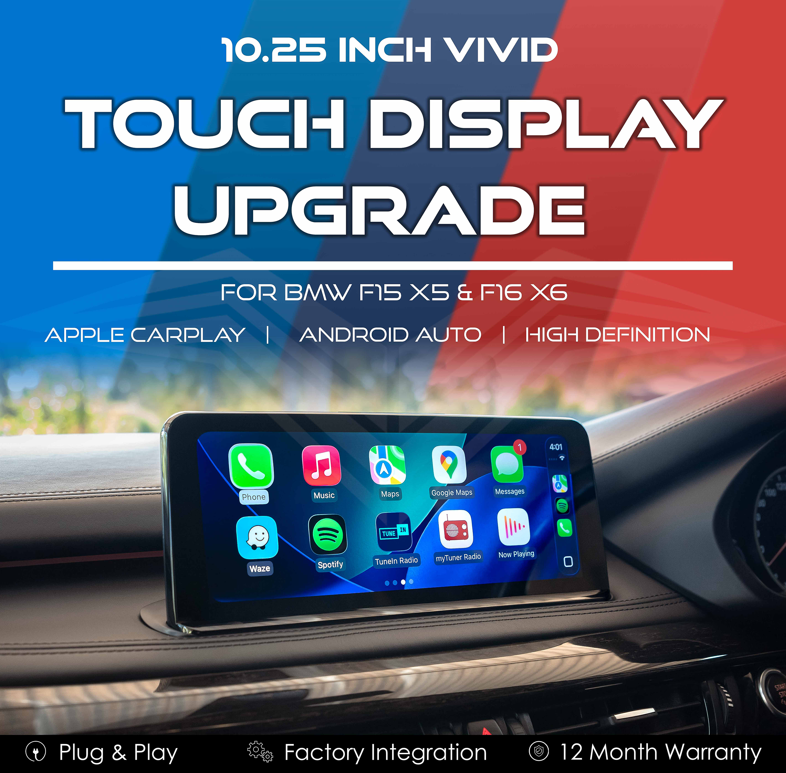 10.25" Vivid Touch Display with Apple CarPlay & Android Auto for BMW F15 X5 & F16 X6