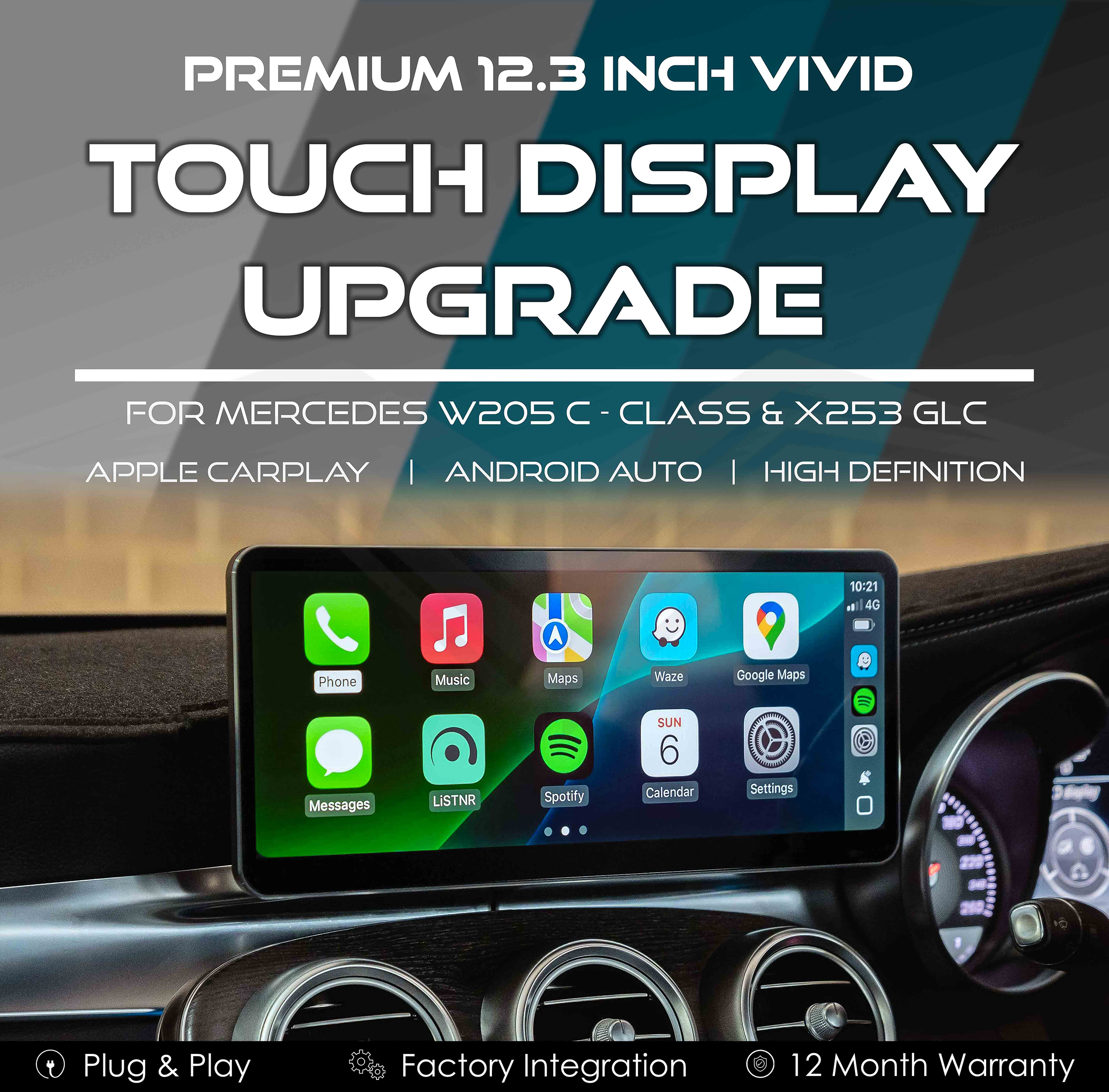 Premium 12.3" Vivid Touch Display with Apple CarPlay & Android Auto for Mercedes W205 C-Class & X253 GLC