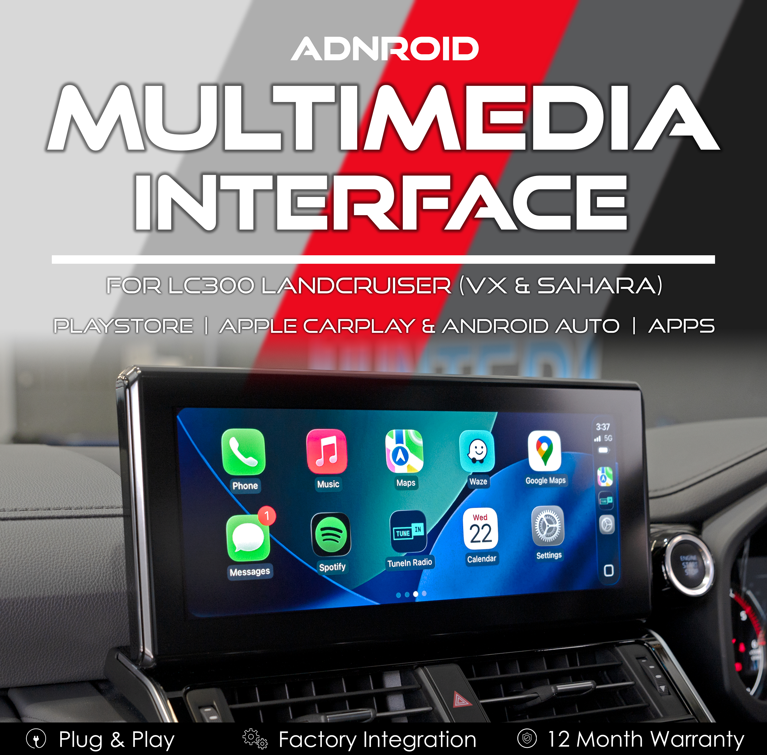 Android Multimedia Interface with Apple CarPlay & Android Auto for Toyota LC300 Landcruiser VX & Sahara 22-24