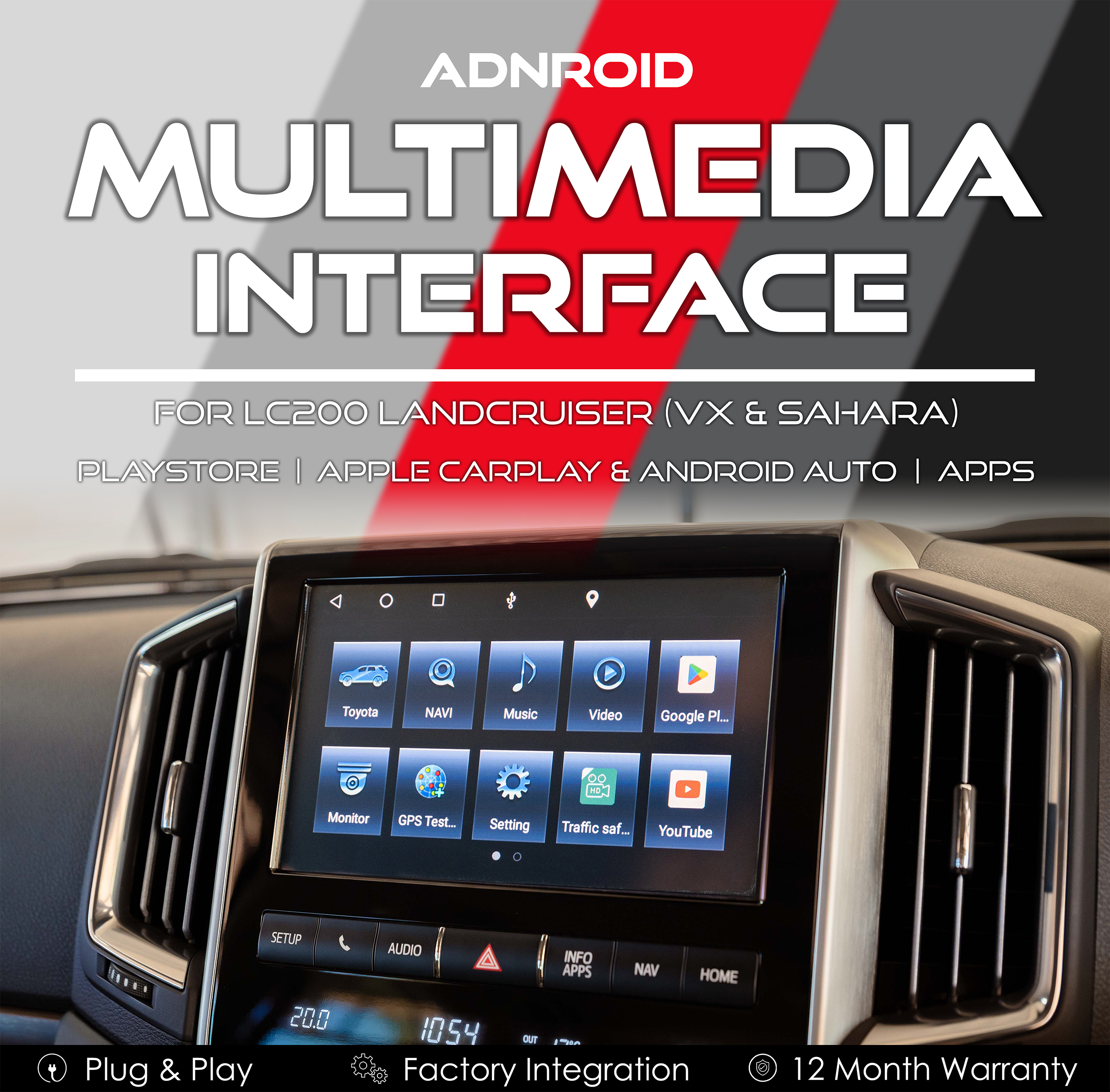 Android Multimedia Interface with Apple CarPlay & Android Auto for Toyota LC200 Landcruiser VX & Sahara 16-21