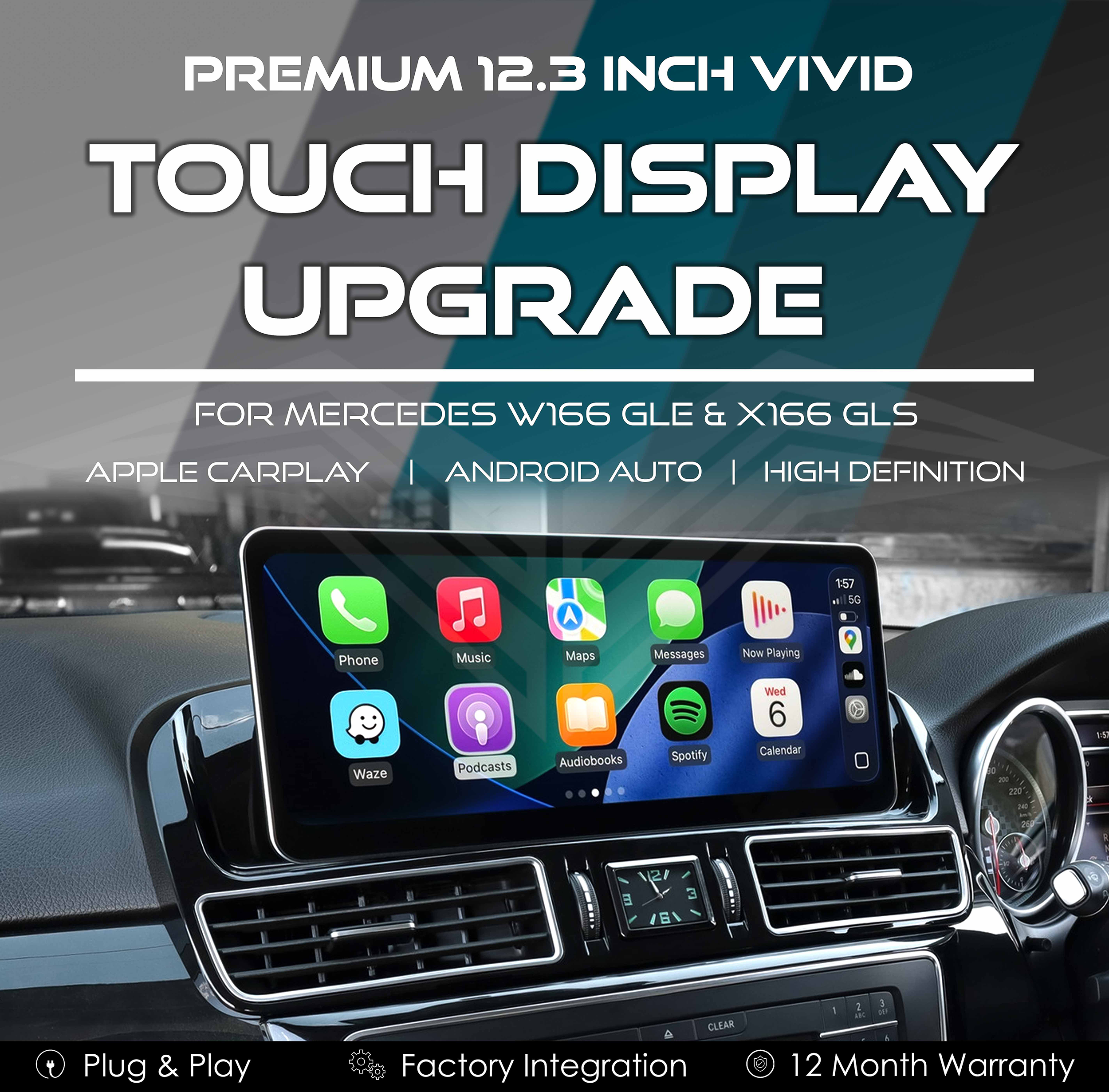 Premium 12.3" Vivid Touch Display with Apple CarPlay & Android Auto for Mercedes W166 GLE & X166 GLS