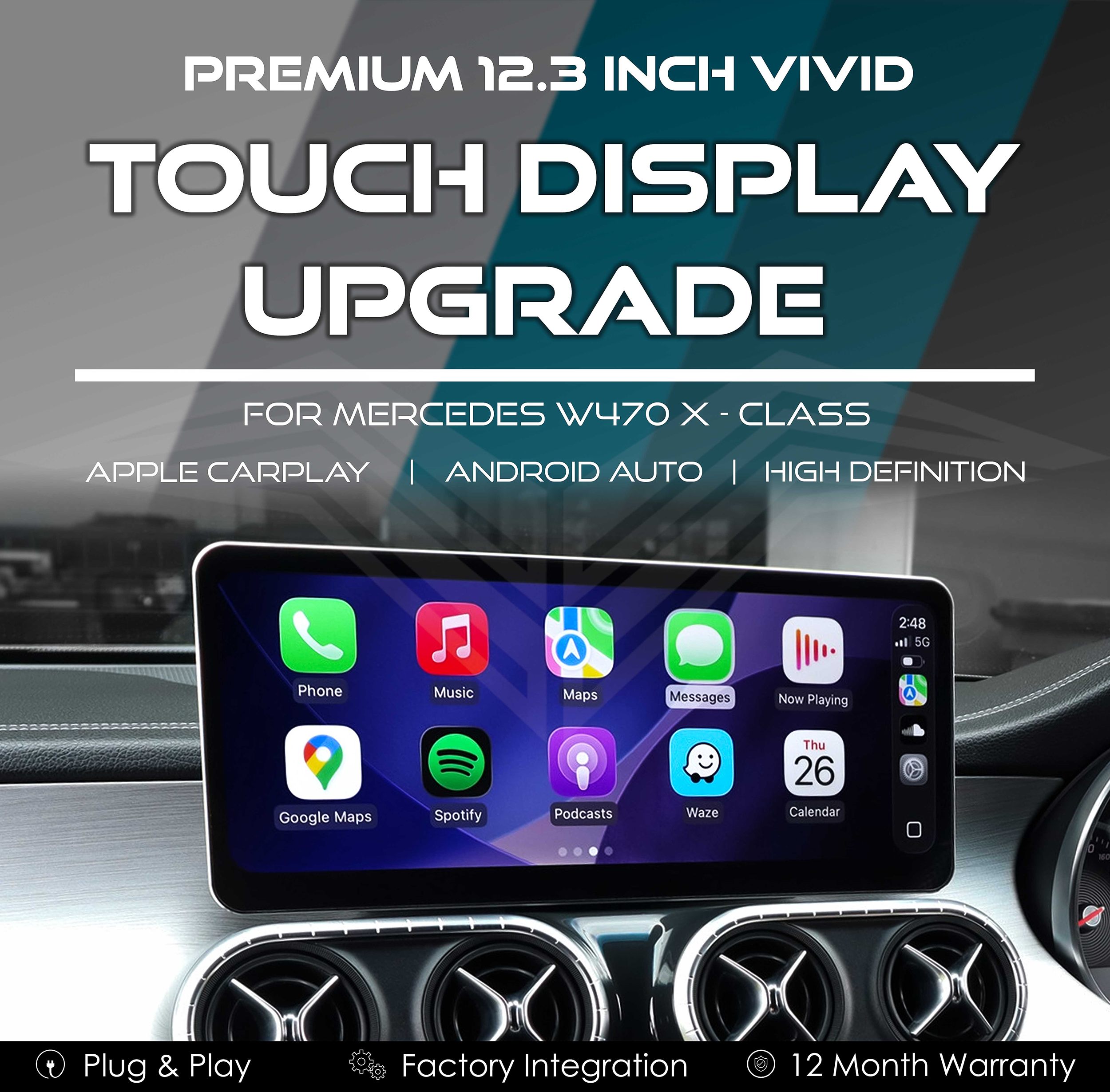 Premium 12.3" Vivid Touch Display with Apple CarPlay & Android Auto for Mercedes W470 X-Class