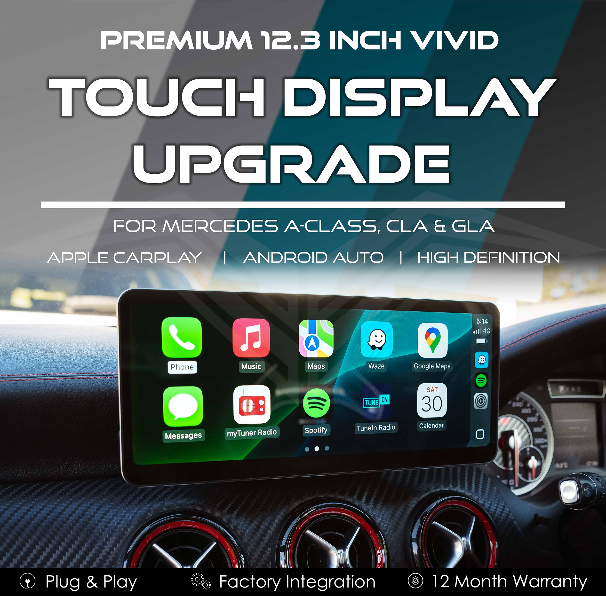 Premium 12.3" Vivid Touch Display with Apple CarPlay & Android Auto for Mercedes W176 A-Class, CLA & GLA