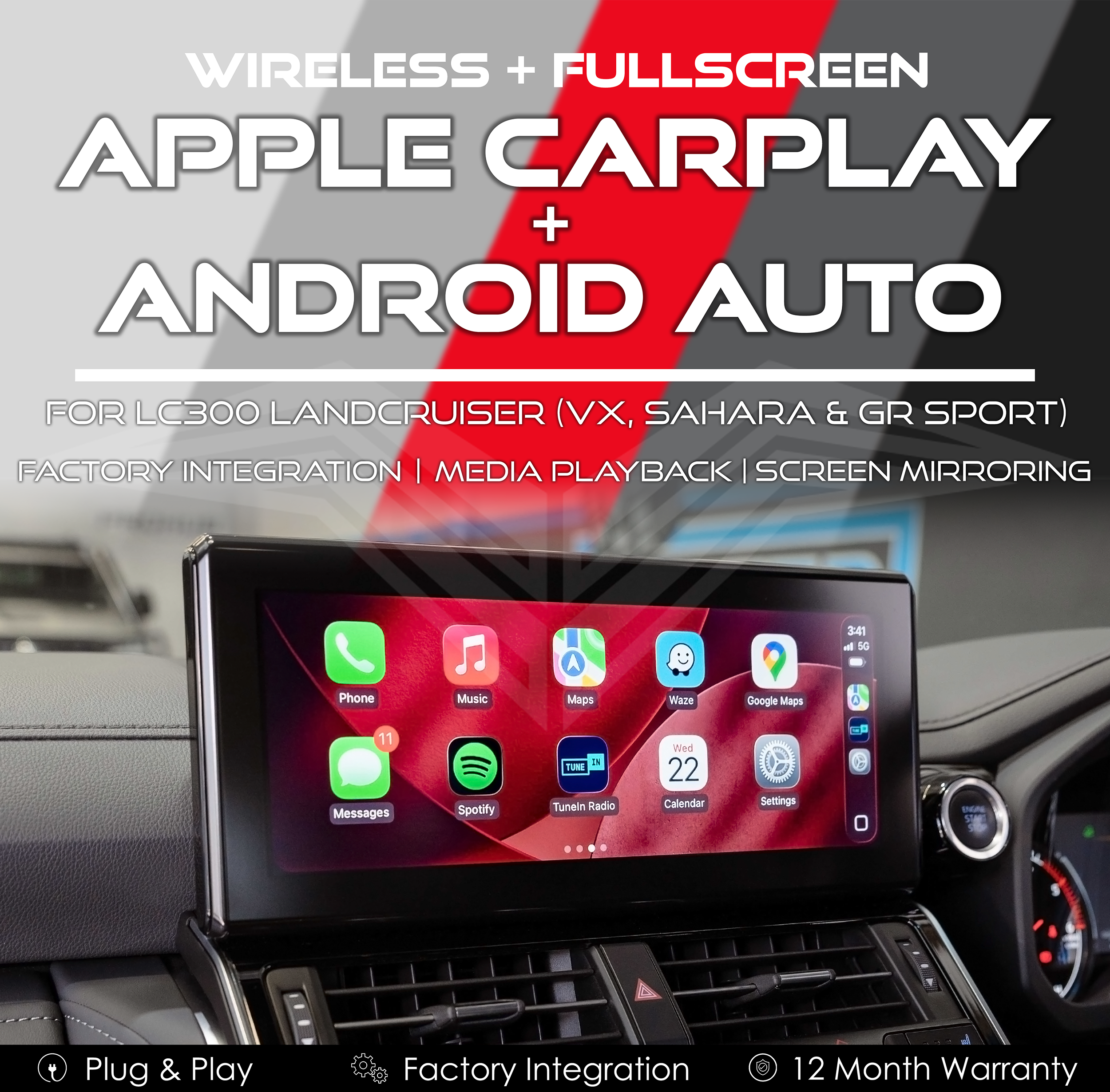 Wireless + Fullscreen Apple CarPlay & Android Auto Conversion for Toyota LC300 LandCruiser VX, Sahara & GR-Sport MY22-24